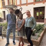 Dr André Biederbeck, Dr Prue Goredema and Emese John at the Budapest home of the Goethe Institute